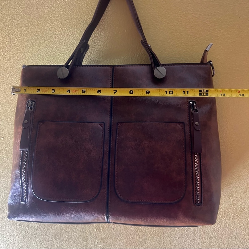 Brown Leather Tote Bag with Front Pockets